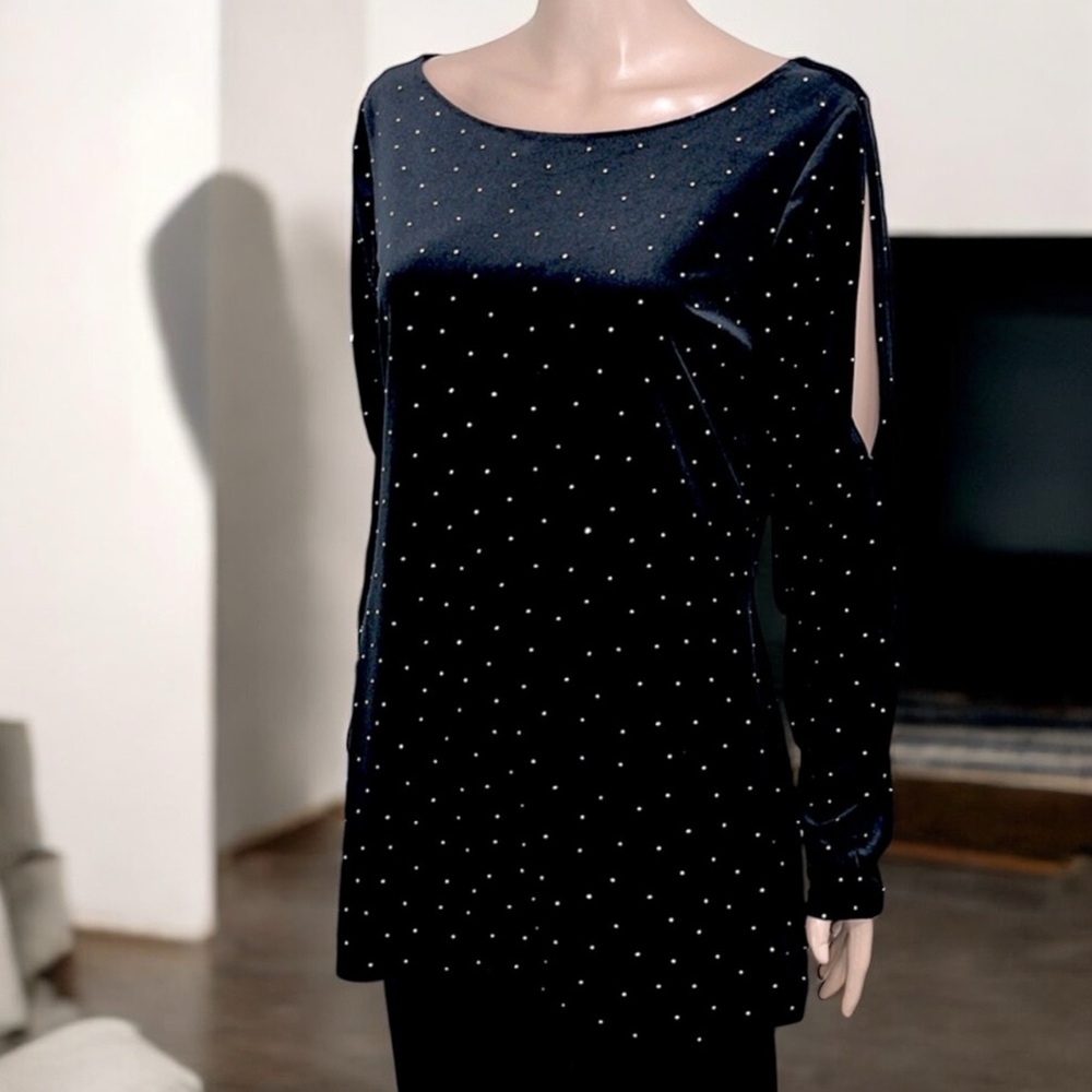 Cache’ Gold Studded Black Velvet Split Shoulder T… - image 6